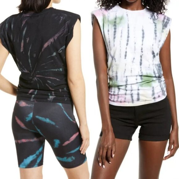 NEW Nordstrom AFRM Tie Dye Shoulder Pad Ruched Muscle Tee Size XS Boho Retro Top - Picture 14 of 14